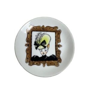 Lefton China Vintage Hand Painted Lady in Yellow Hat Mini Decorative Plate 4in
